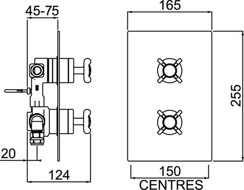 Technical image of Bristan 1901 Concealed Shower Valve With Dual Controls (2 Outlet, Gold).