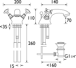 Technical image of Bristan 1901 Basin Mixer Tap & Pop Up Waste, Gold Plated. NBASGCD