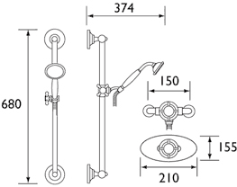 Technical image of Bristan 1901 Traditional Thermostatic Shower Valve And Slide Rail, Chrome.