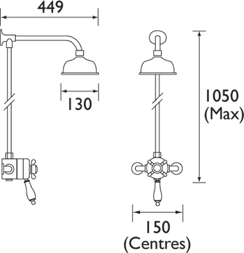 Technical image of Bristan 1901 Traditional Thermostatic Shower Valve And Rigid Riser, Gold.