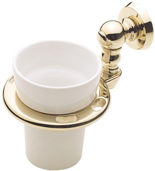 Larger image of Bristan 1901 Toothbrush & Tumbler Holder (In Gold) With Ceramic Tumbler.