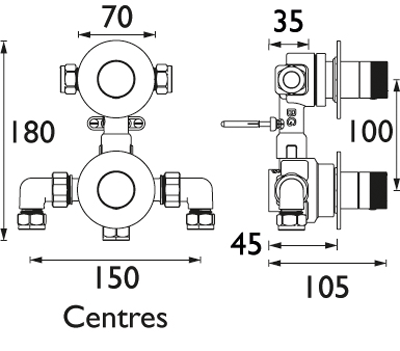 Technical image of Bristan Orb Concealed Shower Valve (2 Outlets, Chrome).