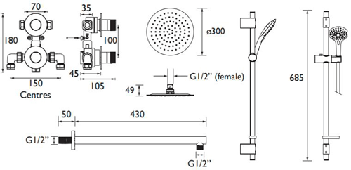 Technical image of Bristan Orb Shower Pack With Arm, Square Head & Slide Rail (Chrome).