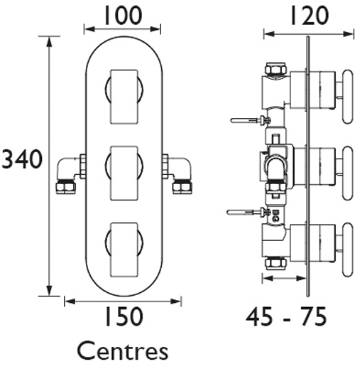 Technical image of Bristan Pivot Concealed Shower Valve (3 Outlets, Chrome).