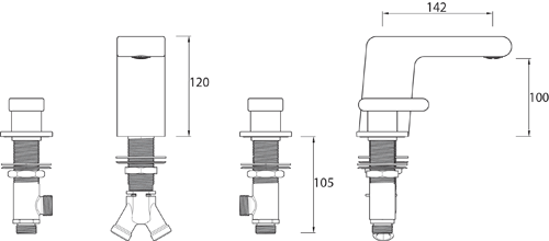 Technical image of Bristan Pivot 3 Hole Basin & Bath Filler Taps Pack (Chrome).