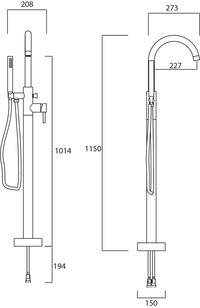 Technical image of Bristan Prism Floor Standing Bath Shower Mixer Tap (Chrome).