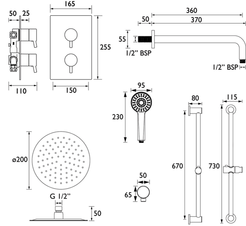 Technical image of Bristan Prism Thermostatic Shower Package (Black).