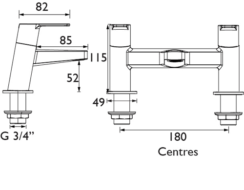 Technical image of Bristan Pisa Bath Filler Tap (Chrome).