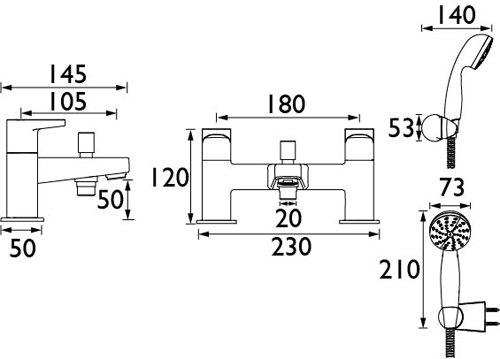 Technical image of Bristan Quest Eco Bath Shower Mixer Tap (6 l/min, Chrome).