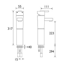 Technical image of Bristan Qube Tall Basin & Bath Shower Mixer Taps Pack (Chrome).