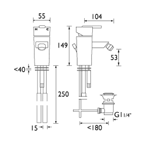 Technical image of Bristan Qube Bidet Tap With Pop Up Waste (Chrome).