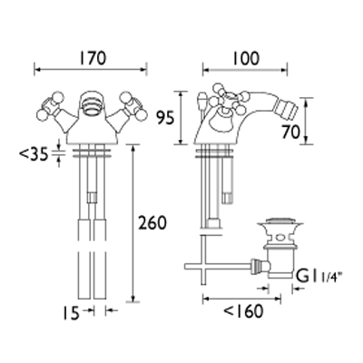 Technical image of Bristan Regency Basin & Bidet Mixer Tap Pack (Gold).