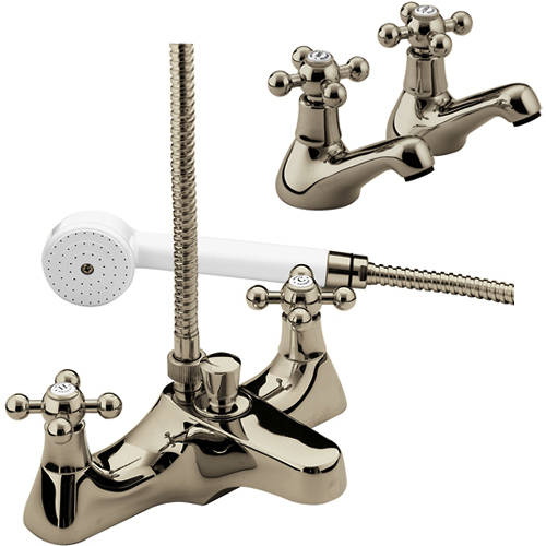 Larger image of Bristan Regency Pair Of Basin & Bath Shower Mixer Tap Pack (Gold).