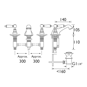 Technical image of Bristan Renaissance 3 Hole Basin & Bath Filler Taps Pack (Chrome).