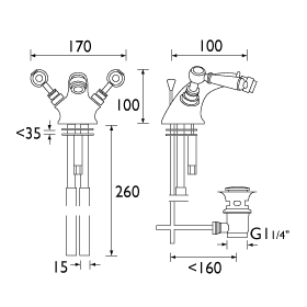 Technical image of Bristan Renaissance Bidet Mixer Tap With Pop Up Waste (Chrome).