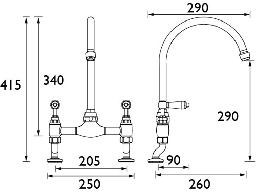 Technical image of Bristan Renaissance Deck Mounted Kitchen Mixer Tap (Brushed Nickel).