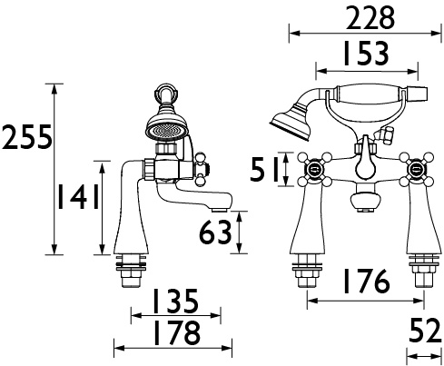 Technical image of Bristan Regency Bath Shower Mixer Tap With Tall Pillars (Chrome).