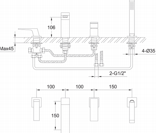 Technical image of Bristan Sail Mono Basin & 4 Hole Bath Shower Mixer Tap Pack (Chrome).