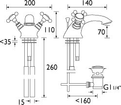 Technical image of Bristan Trinity Mono Basin & Bath Shower Mixer Taps Pack (Chrome).