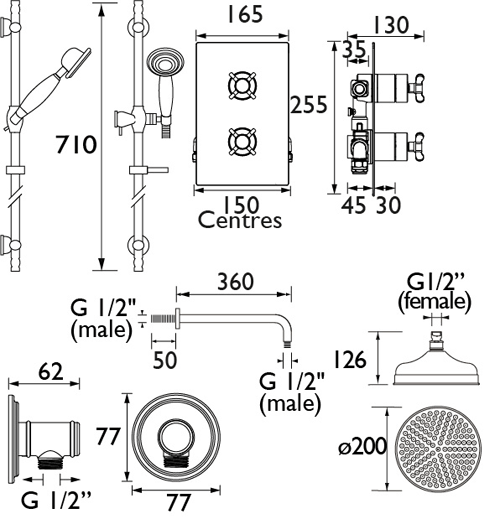 Technical image of Bristan Trinity Shower Pack With Arm, Round Head & Slide Rail Kit (Chrome).