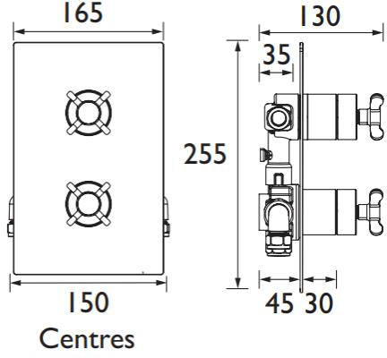 Technical image of Bristan Trinity Concealed Shower Valve (2 Outlets, Chrome).