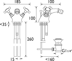 Technical image of Bristan Trinity Bidet Mixer Tap With Pop Up Waste (Chrome).