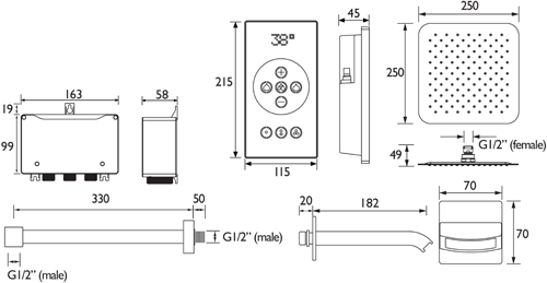 Technical image of Bristan Wave Thermostatic Digital Shower Valve, Head & Bath Spout.