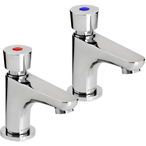 Larger image of Bristan Commercial Timed Flow Soft Touch Pillar Basin Taps (Pair, Chrome).