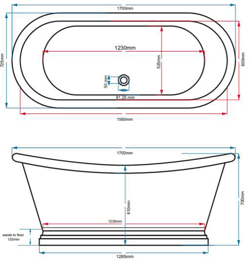Technical image of BC Designs Nickel Boat Bath 1700mm (Nickel Inner/Nickel Outer).