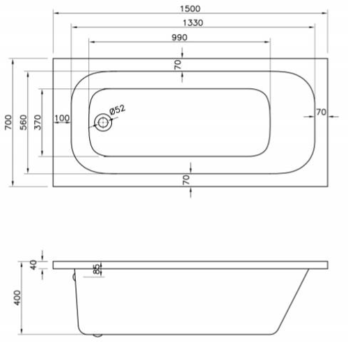 Technical image of BC Designs Modica Single Ended Bath 1500x700mm (White).