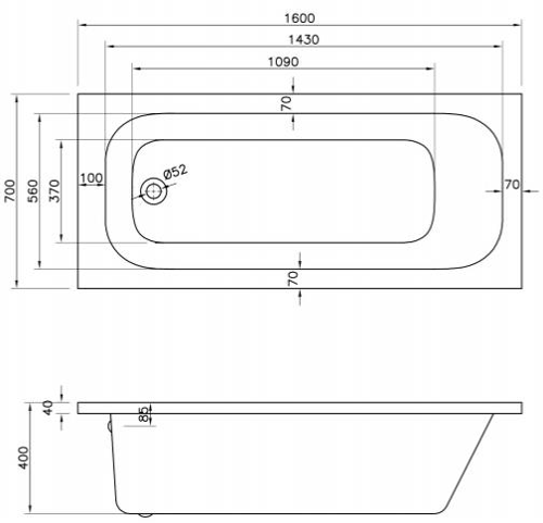 Technical image of BC Designs Modica Single Ended Bath 1600x700mm (White).