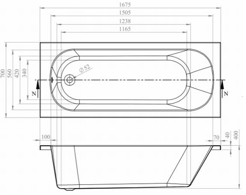 Technical image of BC Designs Modica Single Ended Bath 1675x700mm (White).