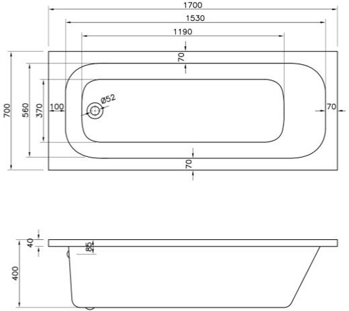 Technical image of BC Designs Modica Single Ended Bath With Front Panel 1700x700mm (White).