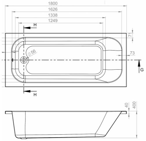 Technical image of BC Designs Modica Single Ended Bath 1800x800mm (White).