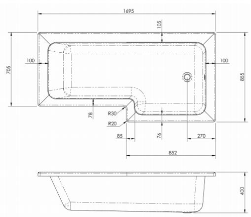 Technical image of BC Designs SolidBlue L-Shaped Shower Bath With Panel & Screen 1700 (LH).