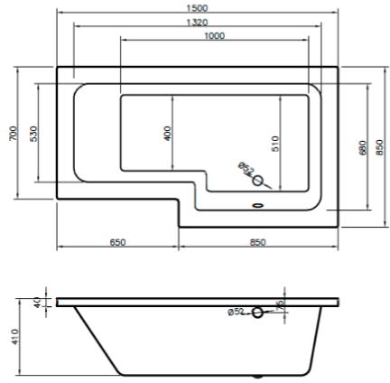 Technical image of BC Designs SolidBlue L-Shaped Shower Bath With Panel & Screen 1500 (RH).