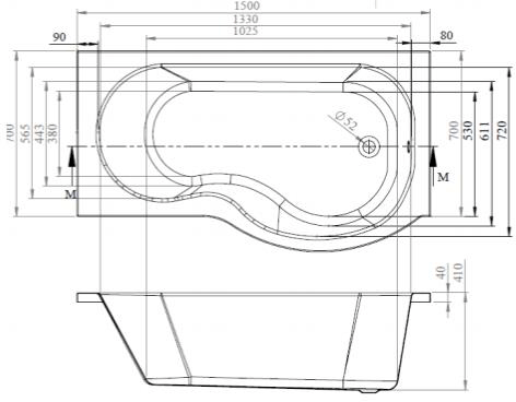 Technical image of BC Designs SolidBlue P-Shaped Shower Bath With Panels & Screen 1500 (RH).