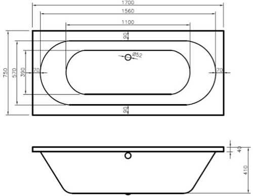 Technical image of BC Designs Lambert Double Ended Bath With Panel 1700x750mm (White).