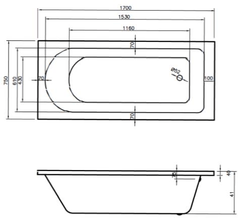 Technical image of BC Designs Lambert Single Ended Bath 1700x750mm (White).