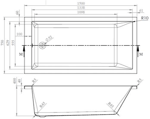 Technical image of BC Designs Durham Single Ended Bath 1500x750mm (White).