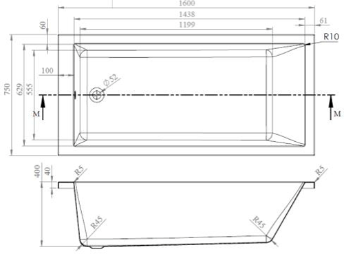 Technical image of BC Designs Durham Single Ended Bath 1600x750mm (White).