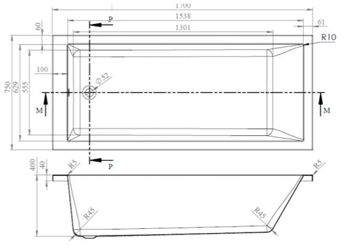Technical image of BC Designs Durham Single Ended Bath With Panel 1700x750mm (White).