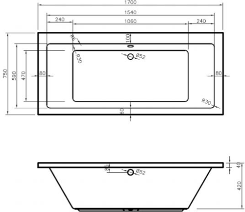 Technical image of BC Designs Durham Double Ended Bath 1700x750mm (White).