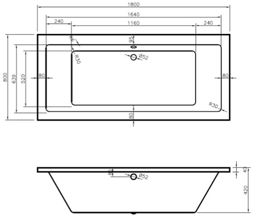 Technical image of BC Designs Durham Double Ended Bath 1800x800mm (White).