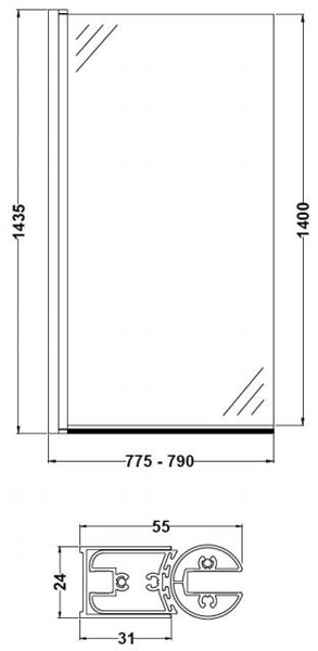 Technical image of BC Designs Hinged Bath Screen 790x1435mm.