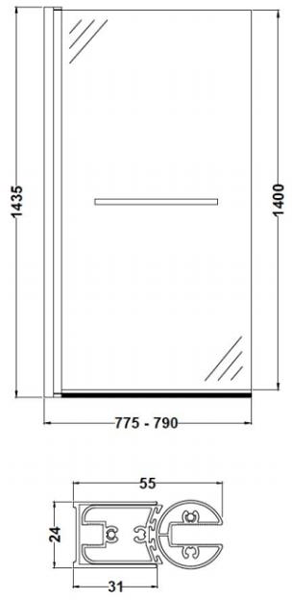Technical image of BC Designs Hinged Bath Screen With Towel Rail 790x1435mm.