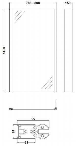 Technical image of BC Designs Hinged L Shaped Shower Bath Screen 808x1400mm.