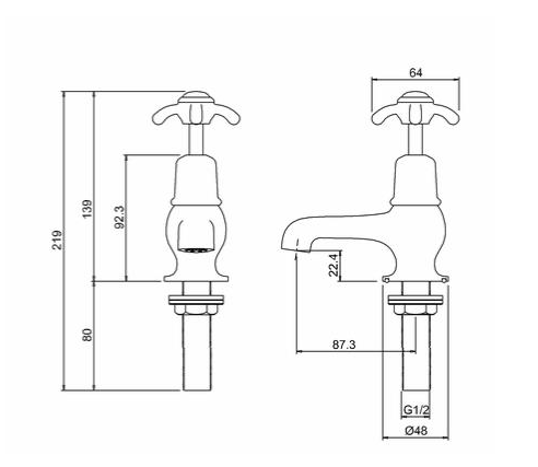 Technical image of Burlington Anglesey Basin Taps 3" (Chrome & White).