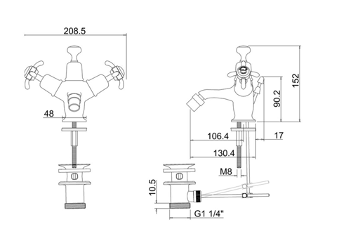 Technical image of Burlington Anglesey Bidet Tap With Pop Up Waste (Chrome & White).