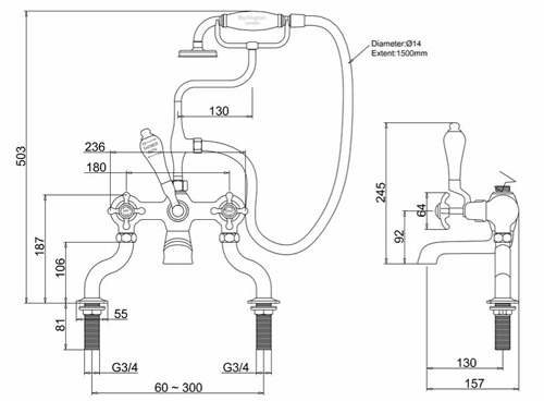 Technical image of Burlington Anglesey Bath Shower Mixer Tap With Kit (Chrome & White).